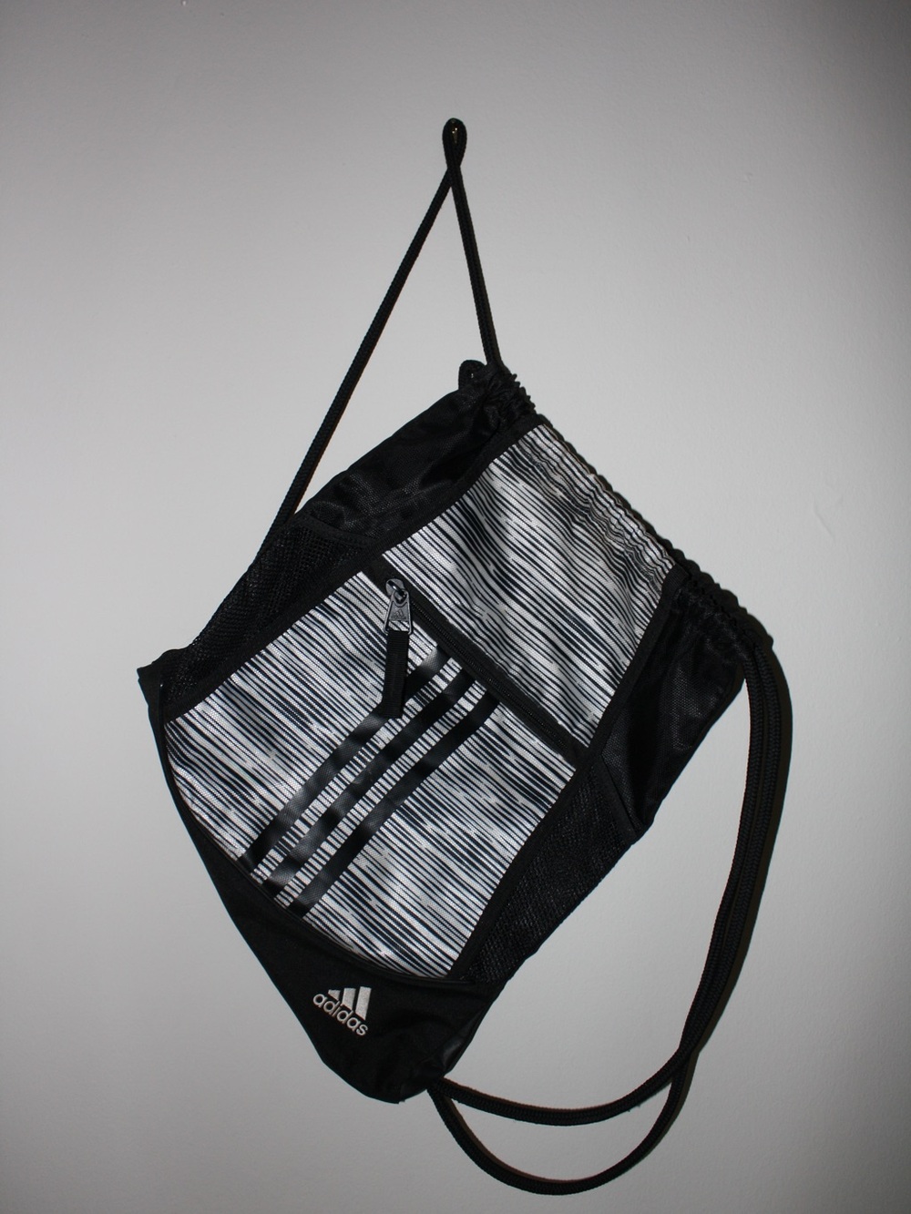 adidas Black and White Striped Drawstring Backpack